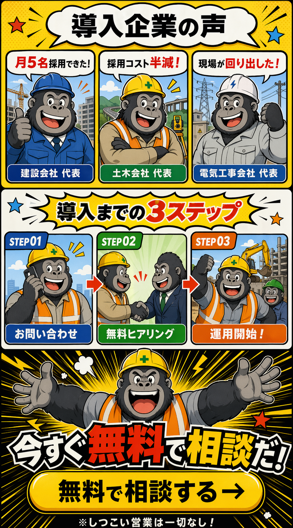 導入企業の声／導入までの3ステップ／無料で相談する