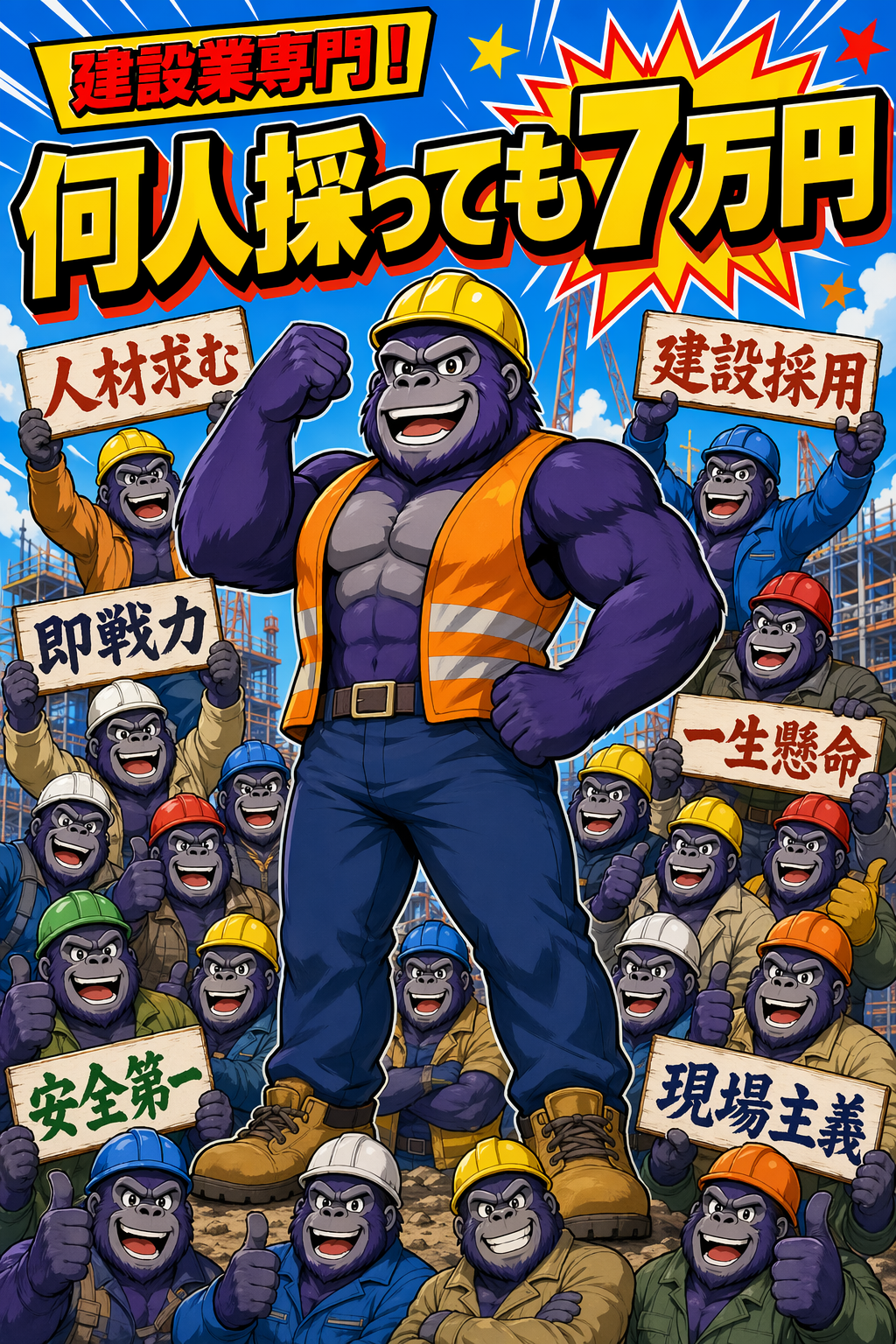 建設業専門 何人採っても7万円 ゴリラ採用